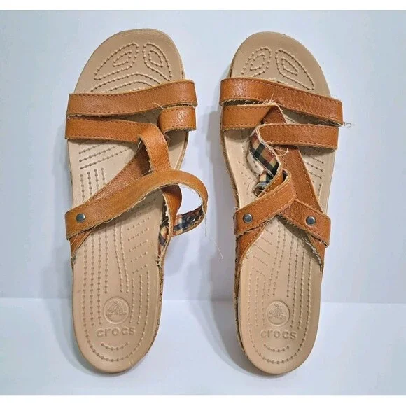 Crocs A-leigh Women's 9 Wedge Sandals Brown Leather Cork Strappy - Picture 8 of 10